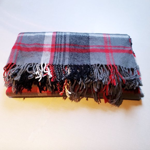 Large Oversized Scarf Wrap Plaid Tartan Fringe Grey Red - Picture 2 of 6